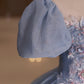 Blaues, glänzendes, modisches, elegantes, exquisites Tüll-Spitzenkleid mit Blumenapplikationen, langes Ballkleid, Abendkleid, Abschlusskleid 10259