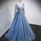 Blue tulle sequins long prom dress blue evening dress  10156