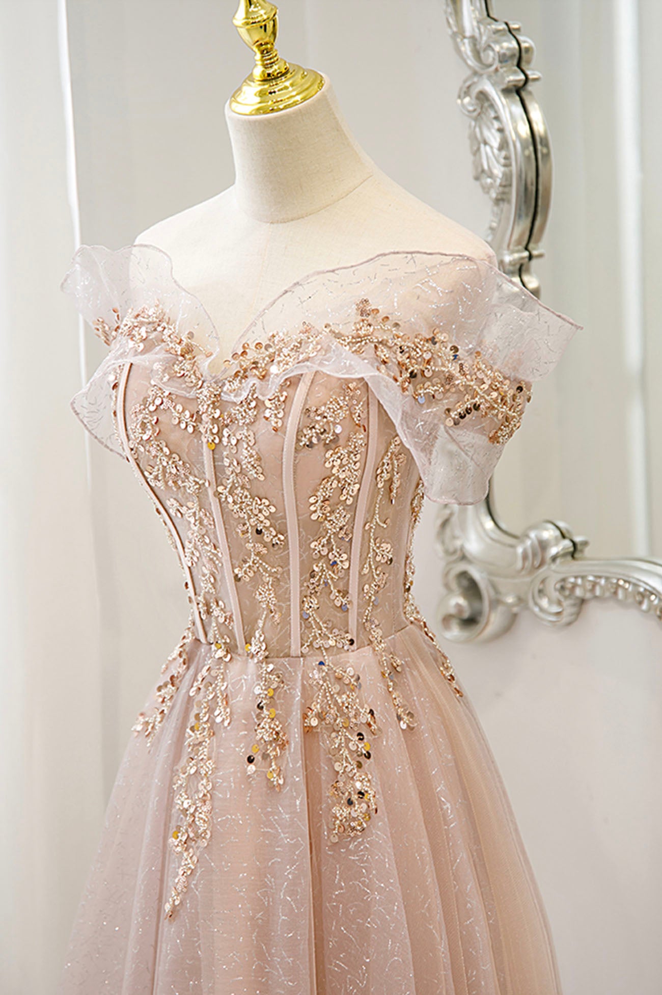 Rosa Tüll Pailletten langes Ballkleid Rosa Abendkleid 10173