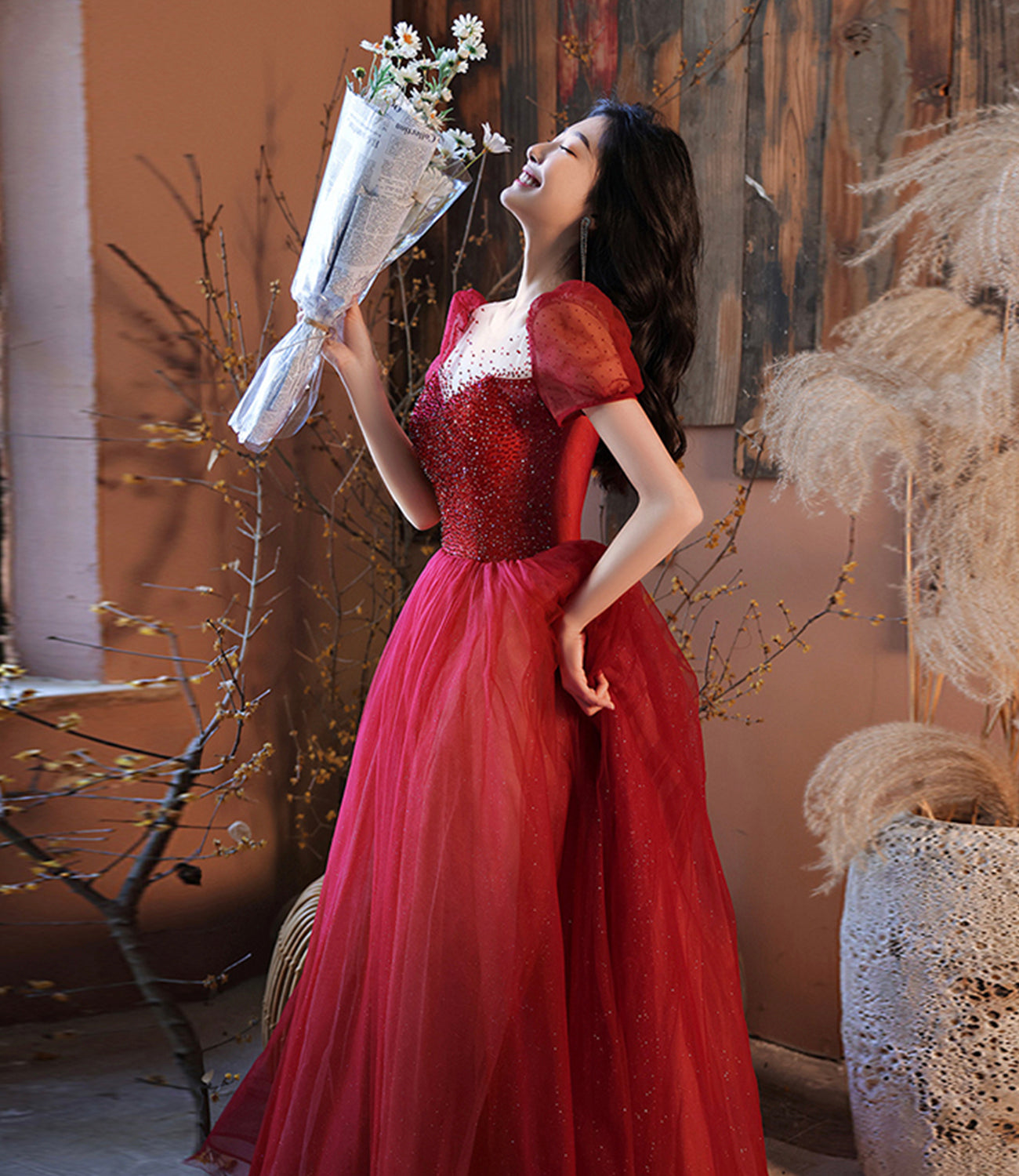 Burgund Tüll Perlen langes Ballkleid Abendkleid 10214