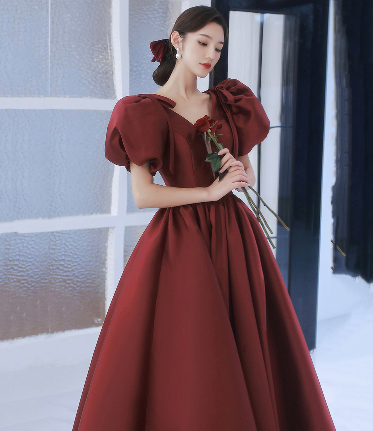 Burgundy v neck satin long prom gown A line formal gown  10212