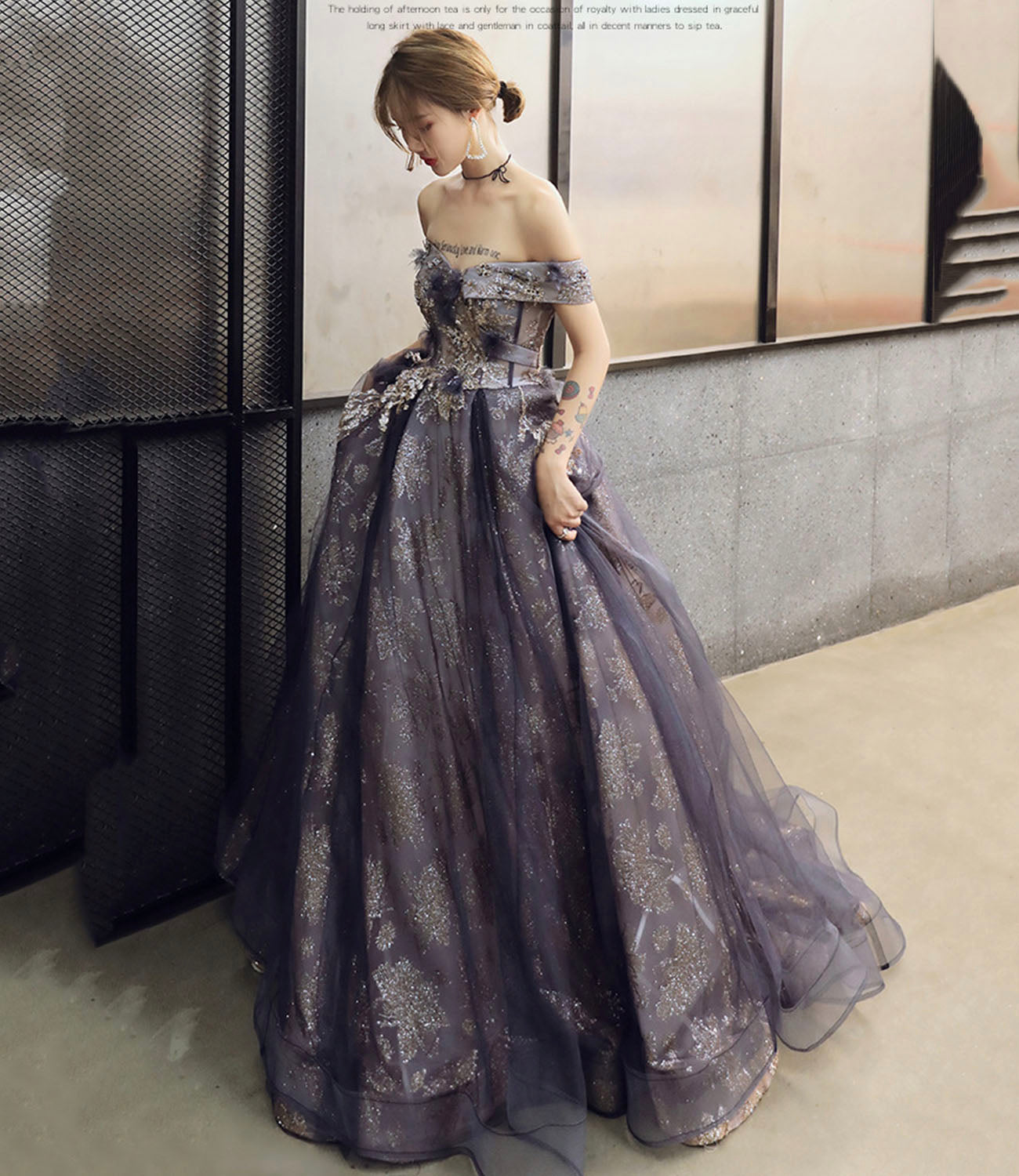 Robe de soirée longue en tulle violet à paillettes Robe de soirée trapèze 10204