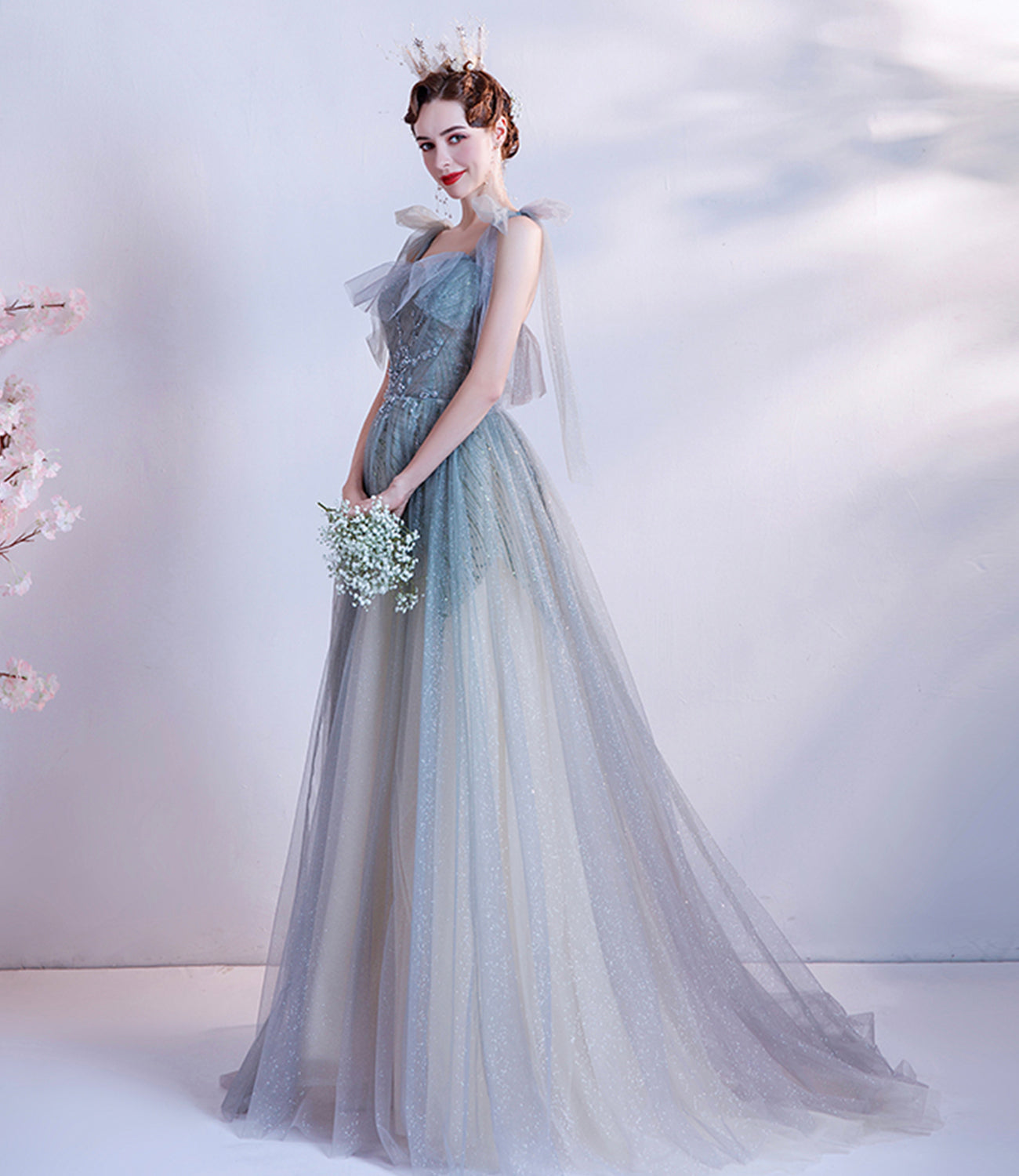 Robe de soirée longue en tulle à paillettes et jolie ligne A 10227