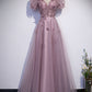 Pink tulle sequins long prom dress pink evening dress  10181