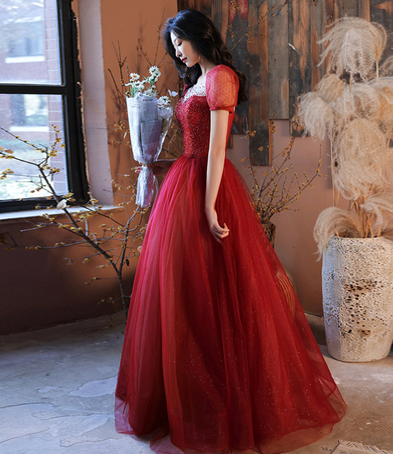 Burgund Tüll Perlen langes Ballkleid Abendkleid 10214