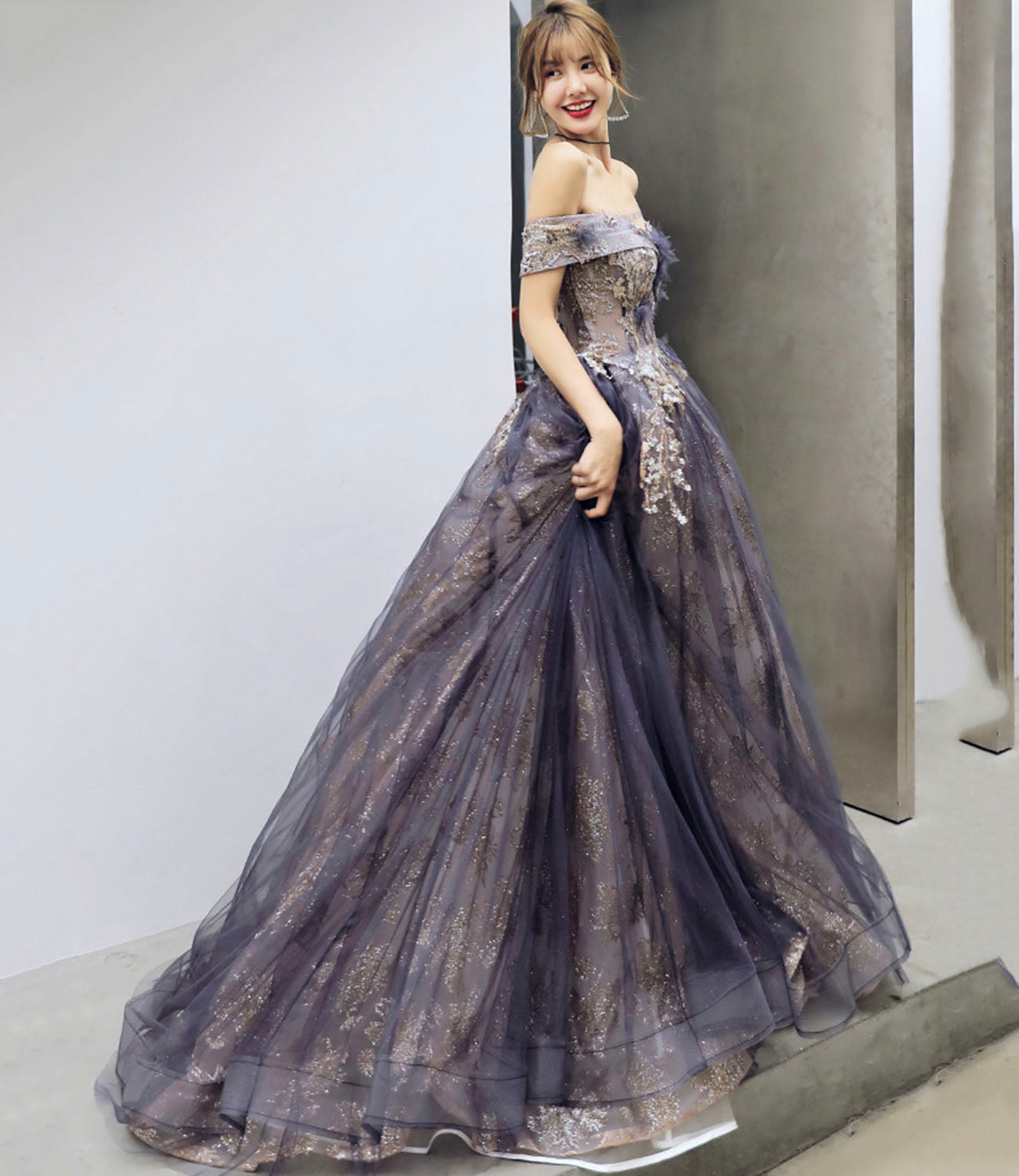 Robe de soirée longue en tulle violet à paillettes Robe de soirée trapèze 10204