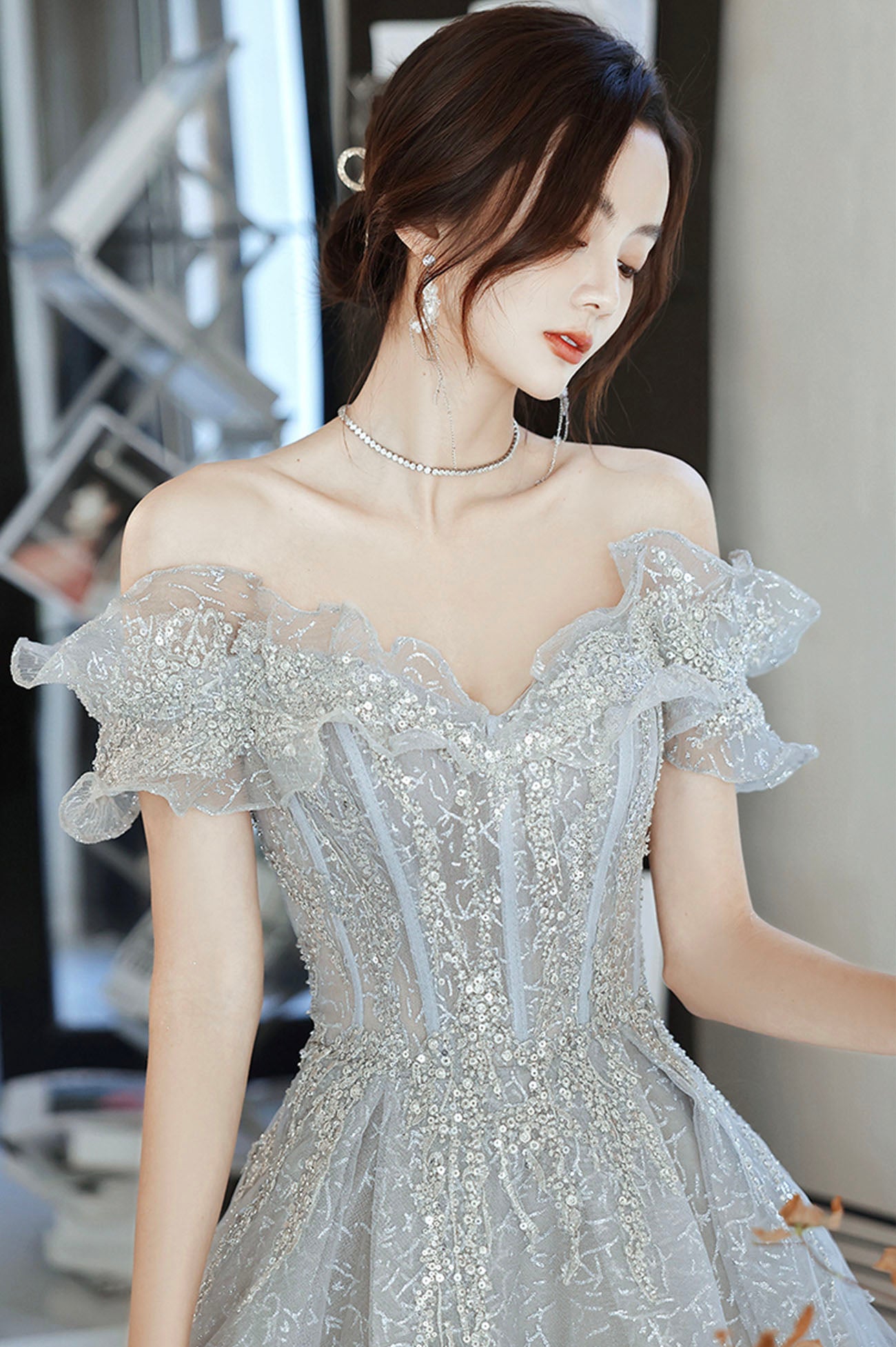 Gray tulle beads long prom dress gray evening gown  10170