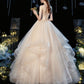 Champagne tulle long prom dress A line evening gown  10236