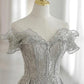 Gray tulle beads long prom dress evening gown  10174