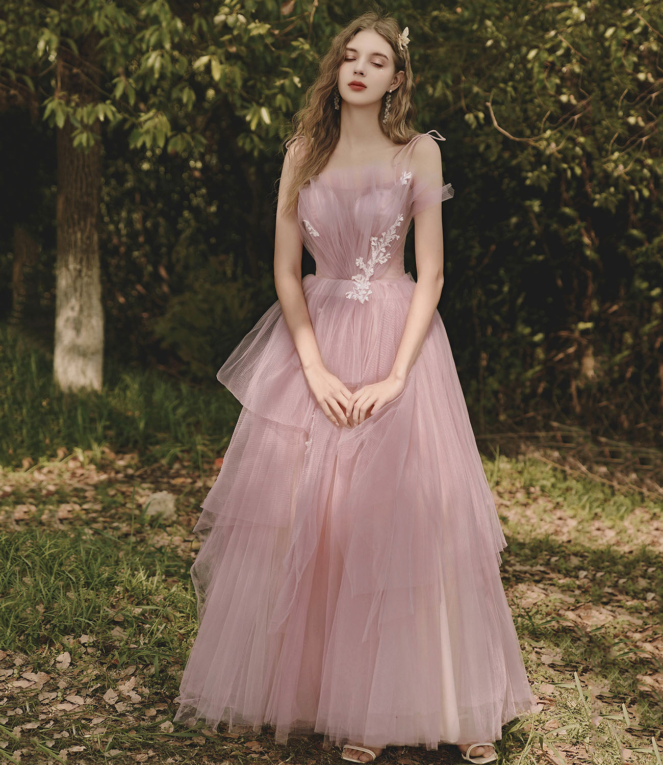 Rosa langes Ballkleid aus Tüllspitze Rosa Abendkleid 10188