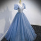 Robe de soirée longue en tulle bleu à paillettes 10159