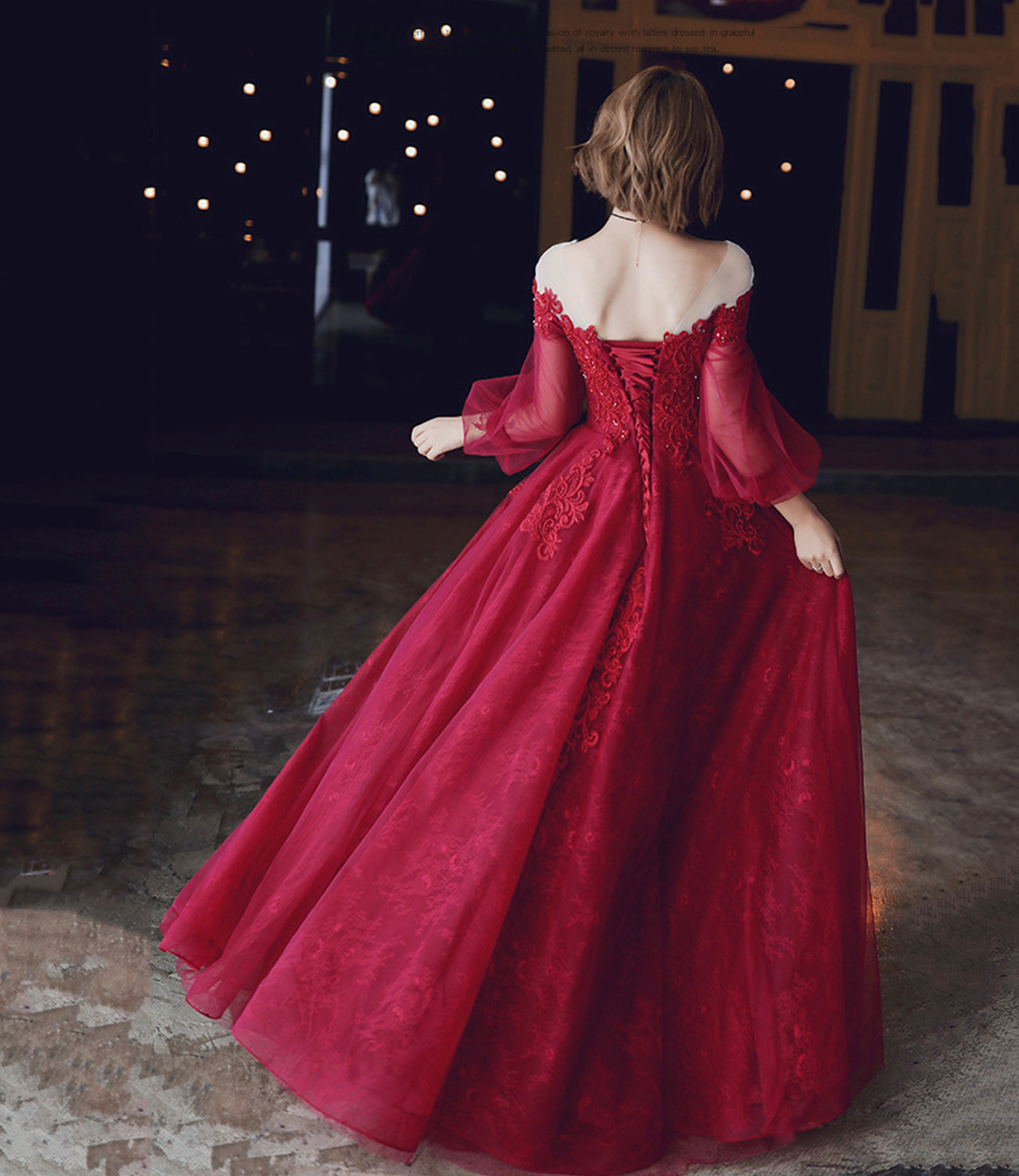 Langes Ballkleid aus bordeauxroter Spitze Abendkleid in A-Linie 10213