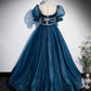 Blue tulle sequins long prom dress blue evening gown  10223