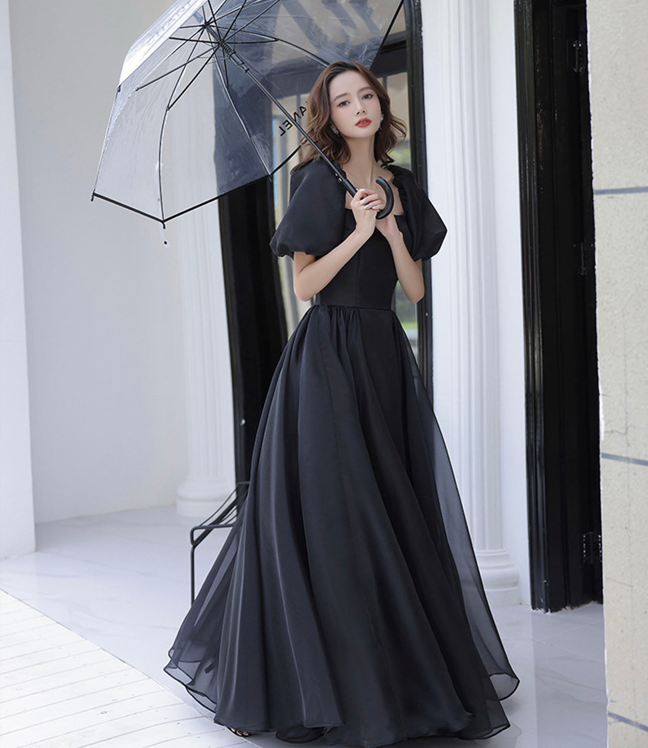 Robe de soirée longue en tulle noir Robe de soirée trapèze 10207
