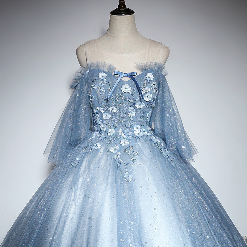 Blaues Tüll-Spitzen-Ballkleid-Kleid, lang, formelles Kleid 10197