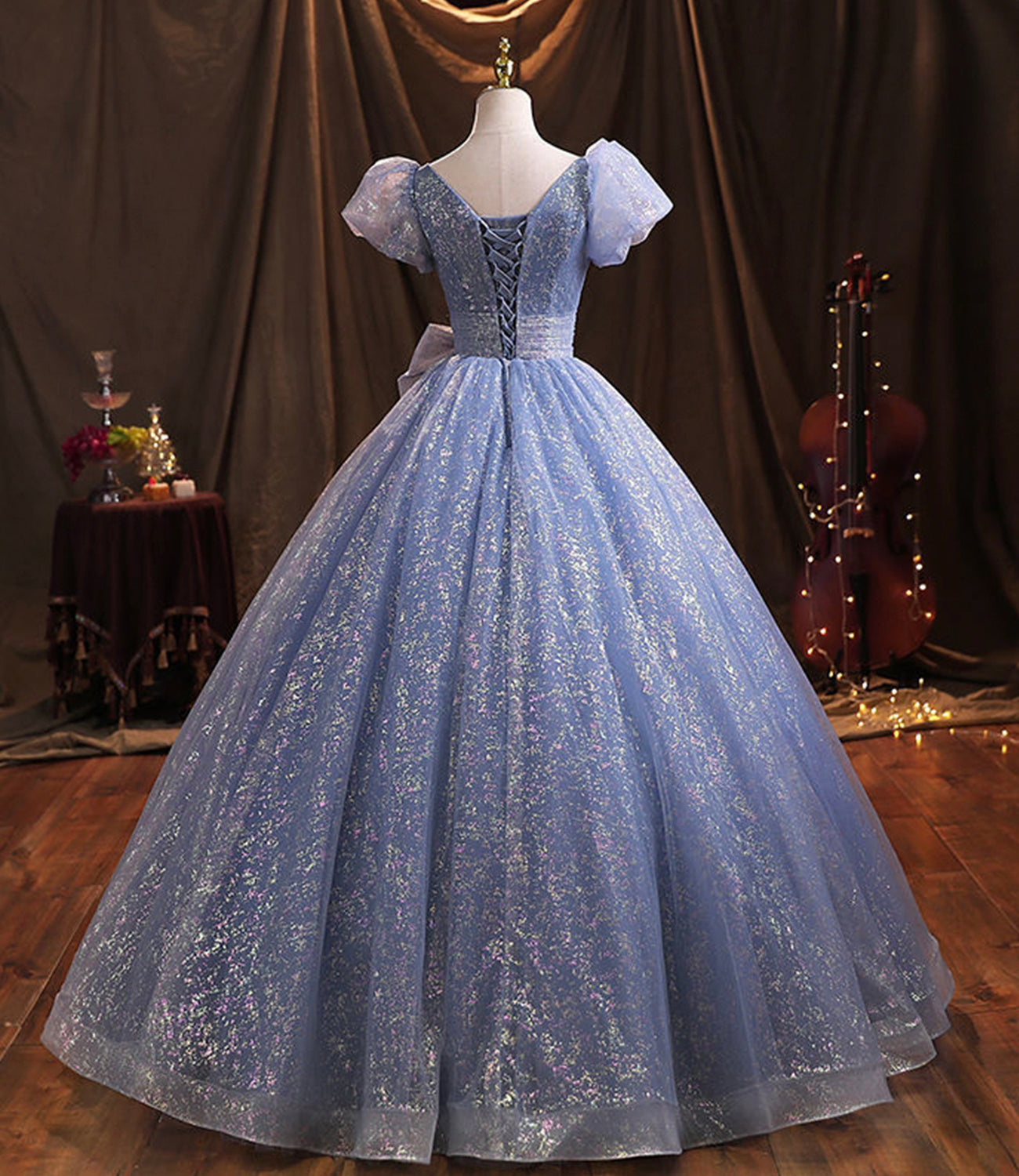 Robe de soirée longue en tulle bleu Robe de soirée trapèze 10229