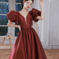 Burgundy v neck satin long prom gown A line formal gown  10212