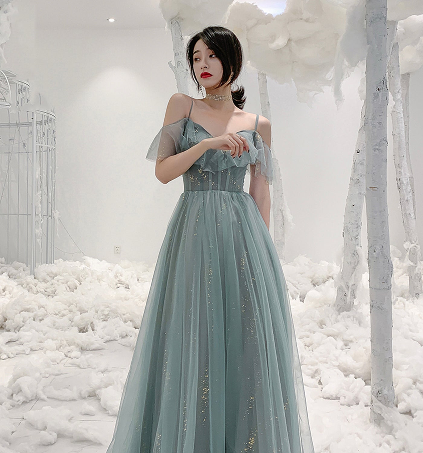 Cute tulle long A ine prom dress evening gown  10137