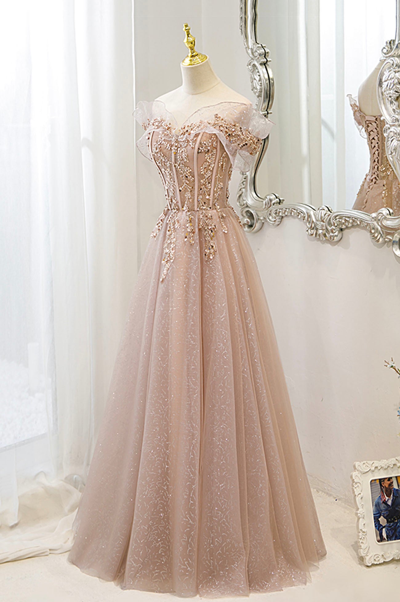 Rosa Tüll Pailletten langes Ballkleid Rosa Abendkleid 10173