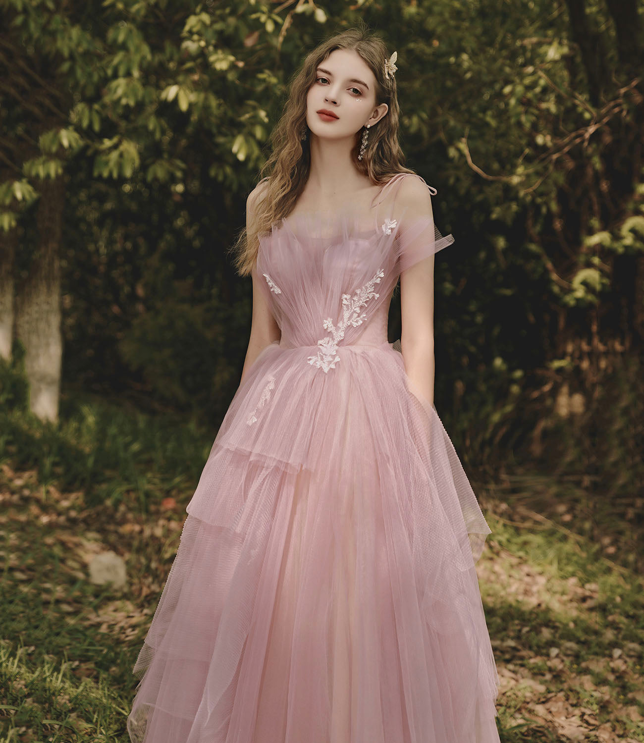 Rosa langes Ballkleid aus Tüllspitze Rosa Abendkleid 10188
