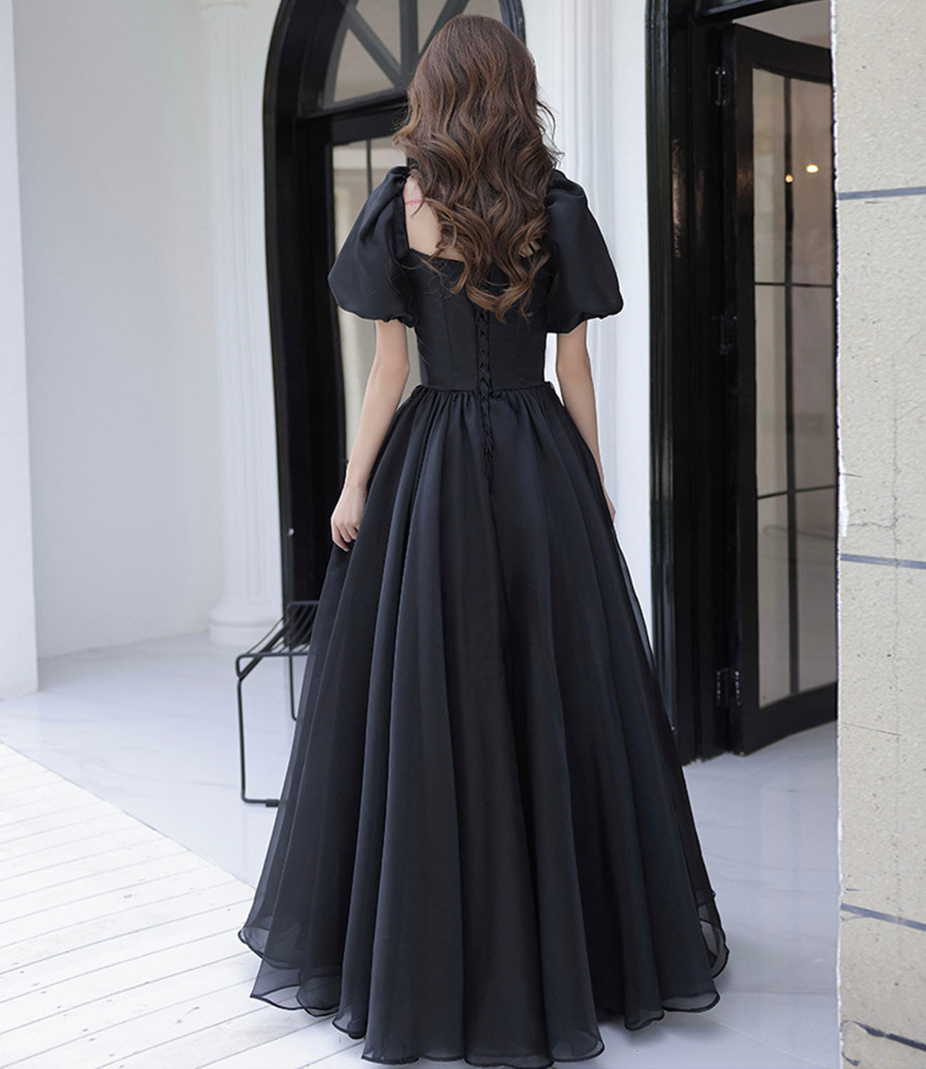 Robe de soirée longue en tulle noir Robe de soirée trapèze 10207