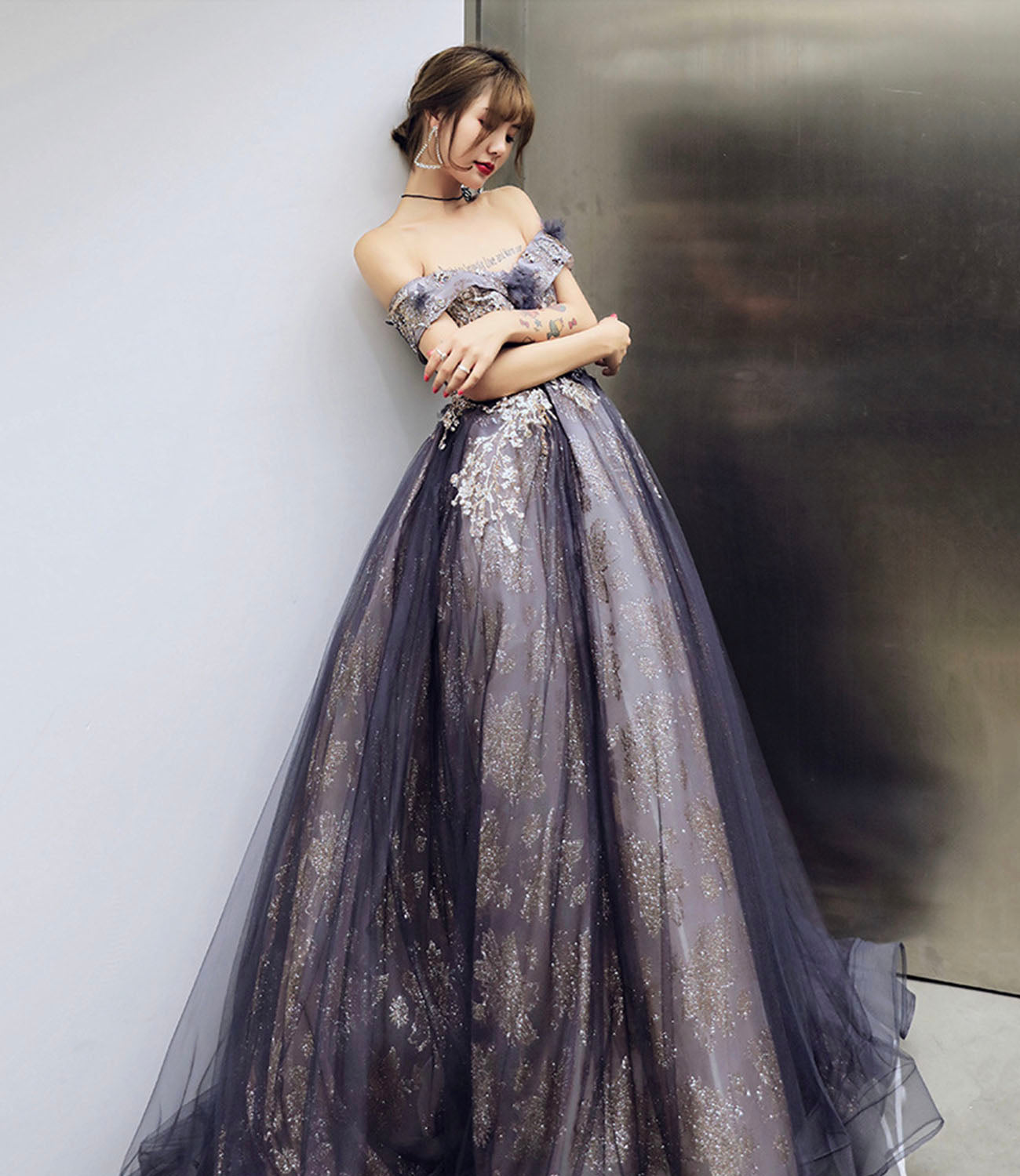 Robe de soirée longue en tulle violet à paillettes Robe de soirée trapèze 10204