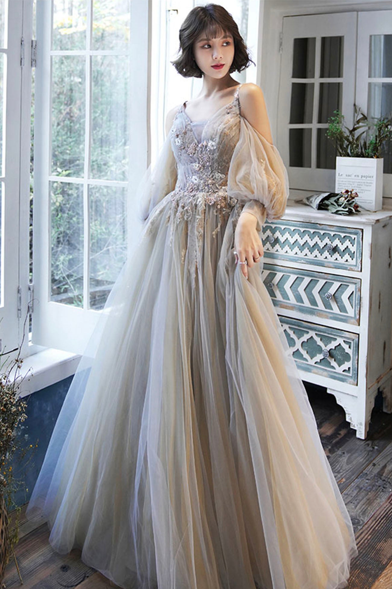 Cute tulle lace long prom dress A line evening dress  10171