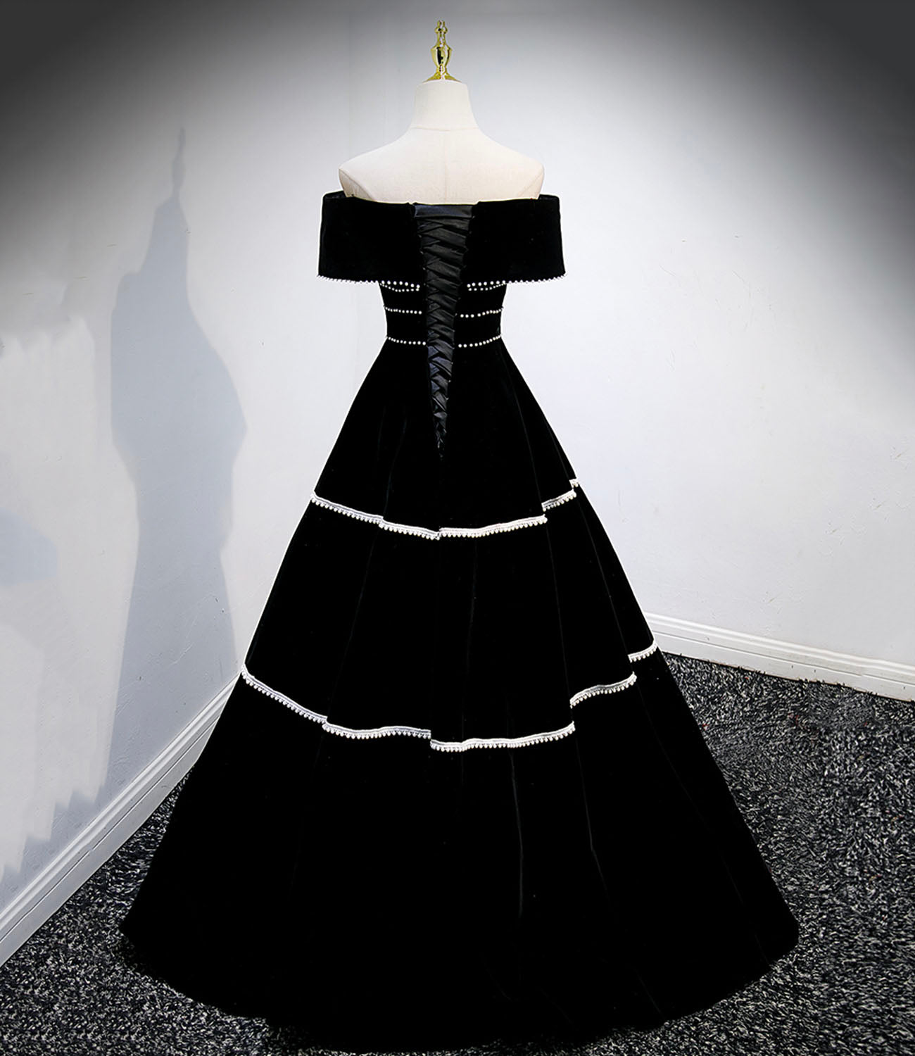 Robe de bal longue en velours noir, robe de soirée noire 10157