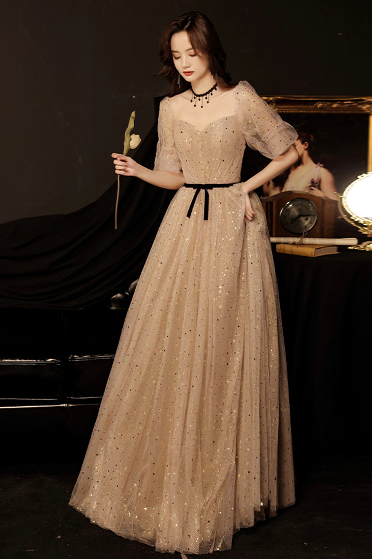 Cute tulle long prom dress A line evening gown  10177