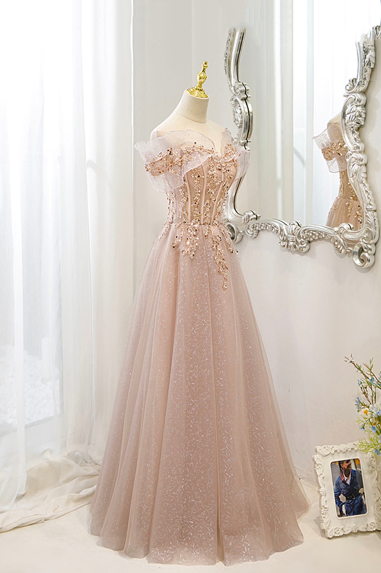 Rosa Tüll Pailletten langes Ballkleid Rosa Abendkleid 10173