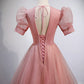 Pink tulle beads long prom dress A line evening gown  10162