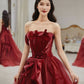 Burgundy tulle long prom dress A line evening dress  10146