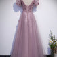 Pink tulle sequins long prom dress pink evening dress  10181
