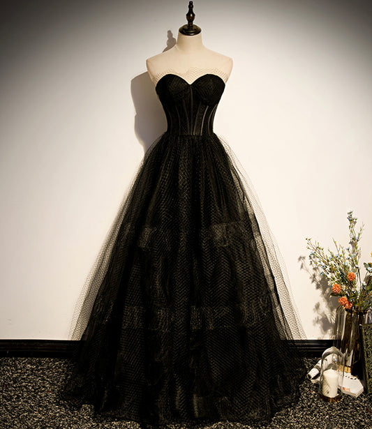 Schwarzes Tüll langes A-Linie Ballkleid schwarzes Abendkleid 8830