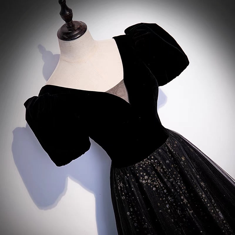 Langes Ballkleid aus schwarzem Samt-Tüll A-Linie Abendkleid 10106