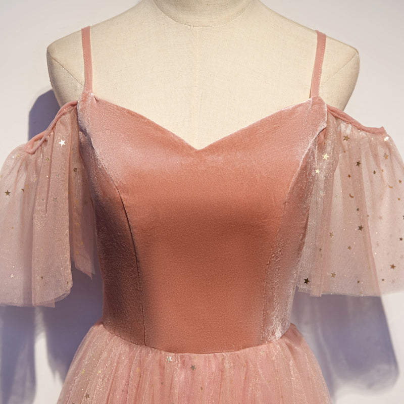 Robe de bal longue en tulle velours rose, robe de soirée rose 10079