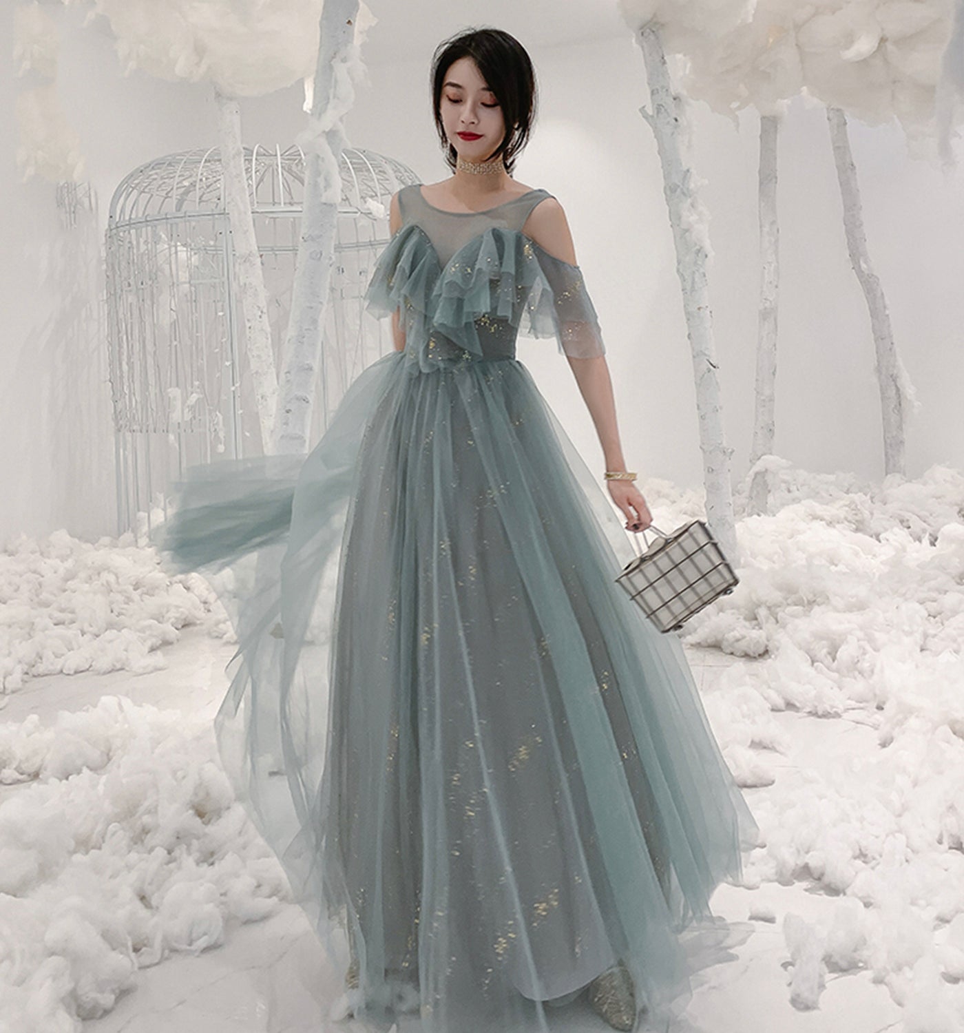 Cute tulle long A ine prom dress evening gown  10137