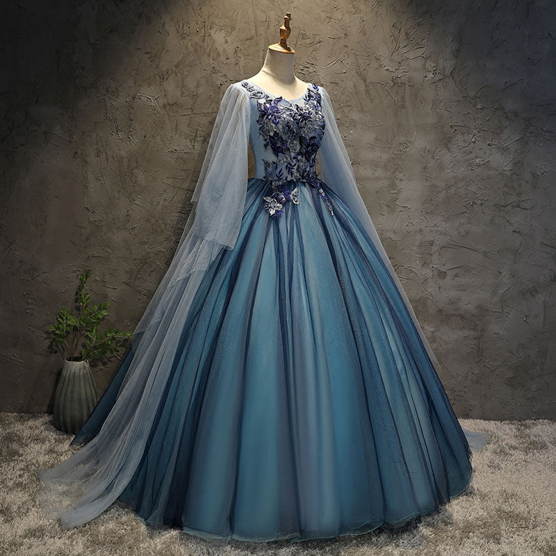 Robe longue de soirée en tulle bleu et dentelle 10091