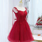 Burgundy tulle lace-up short prom dress party dress  10097