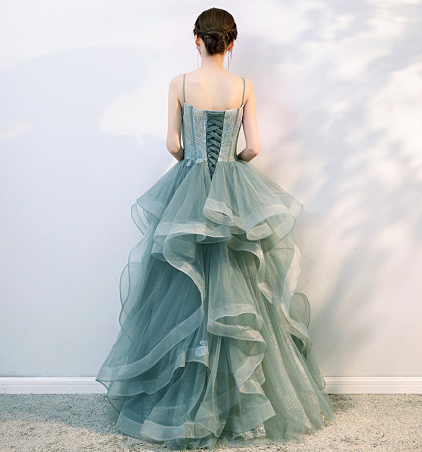 Green tulle lace long prom dress evening gown  10134