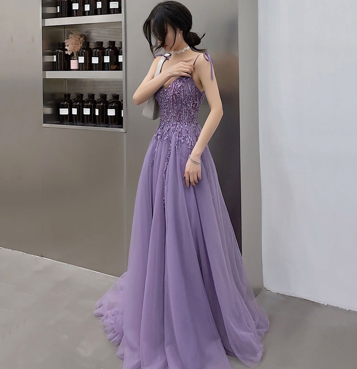 Lila Tüll Spitze langes Ballkleid A-Linie Abendkleid 10127