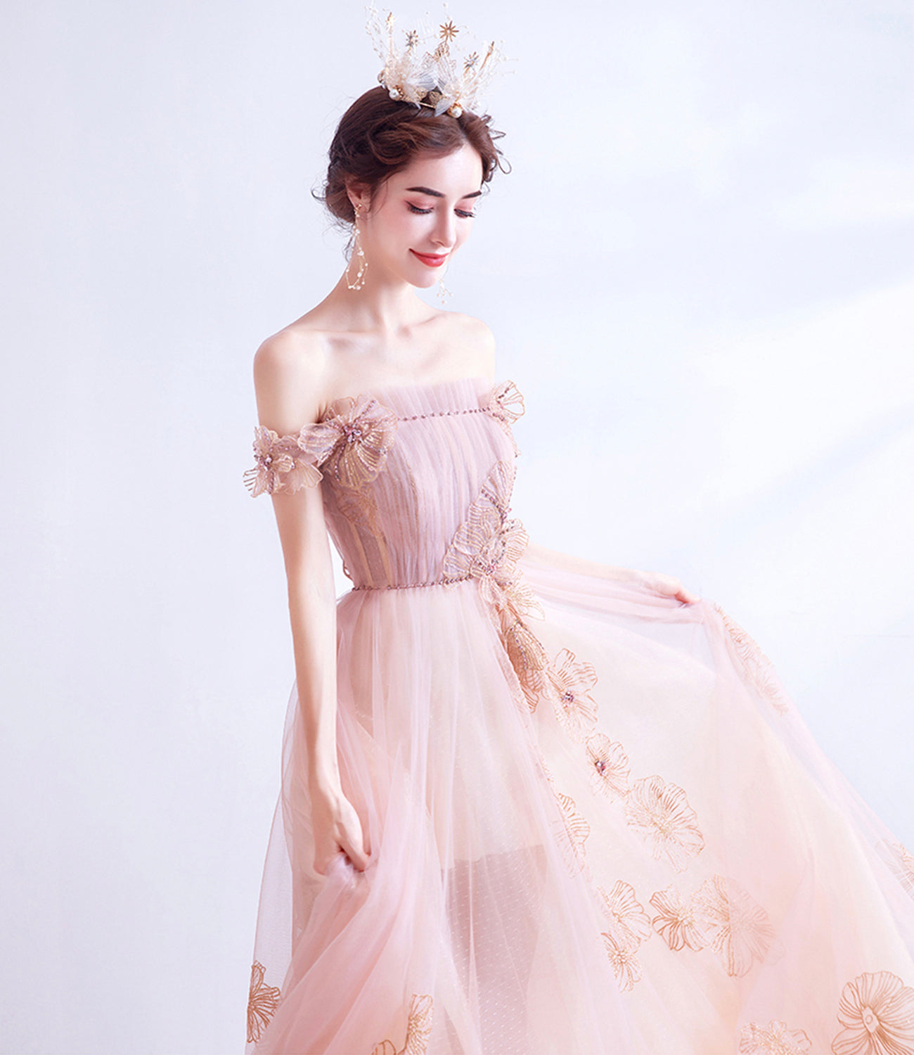 Rosa Tüll langes A-Linie Ballkleid Rosa Abendkleid 10129