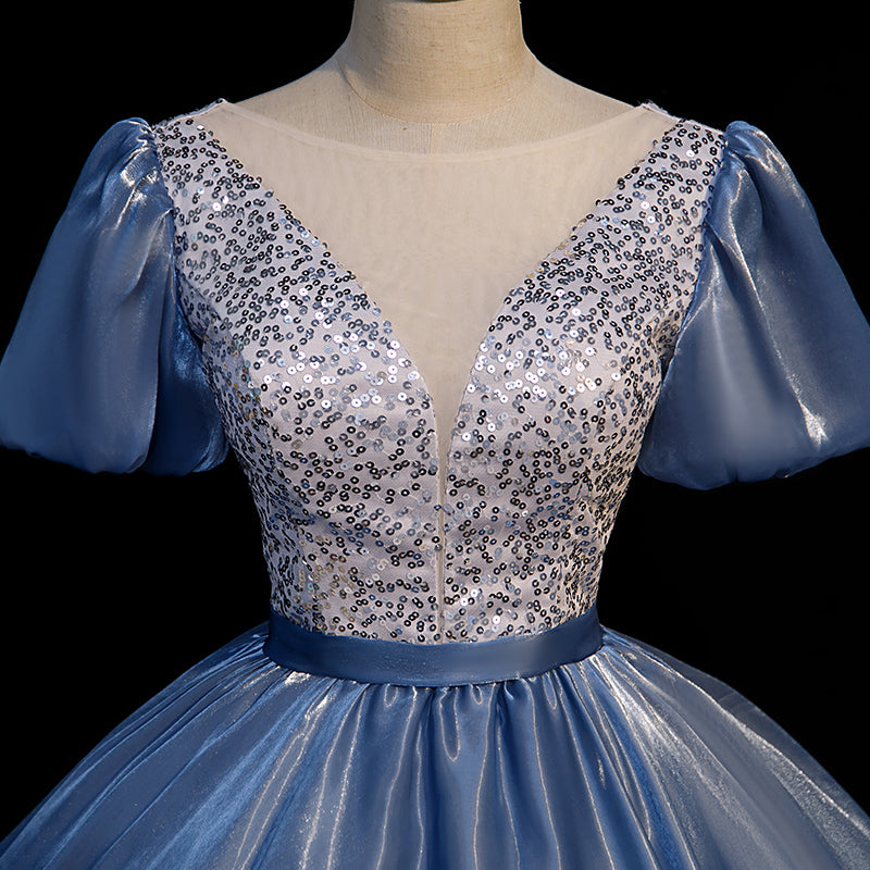 Blue satin long ball gown dress blue evening gown  10092