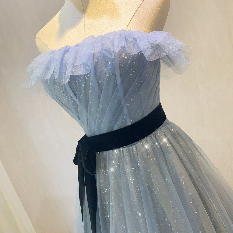 Langes Ballkleid aus blauem Tüll mit Pailletten, blaues Abendkleid 10045