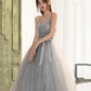Gray tulle lace long prom dress A line evening gown  10131