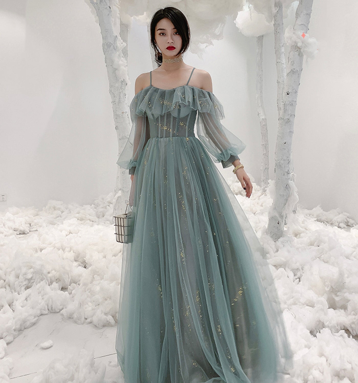 Cute tulle long A ine prom dress evening gown  10137