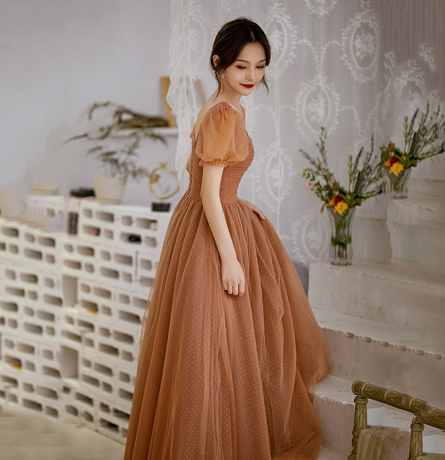 Cute tulle long prom dress A line evening gown  10128