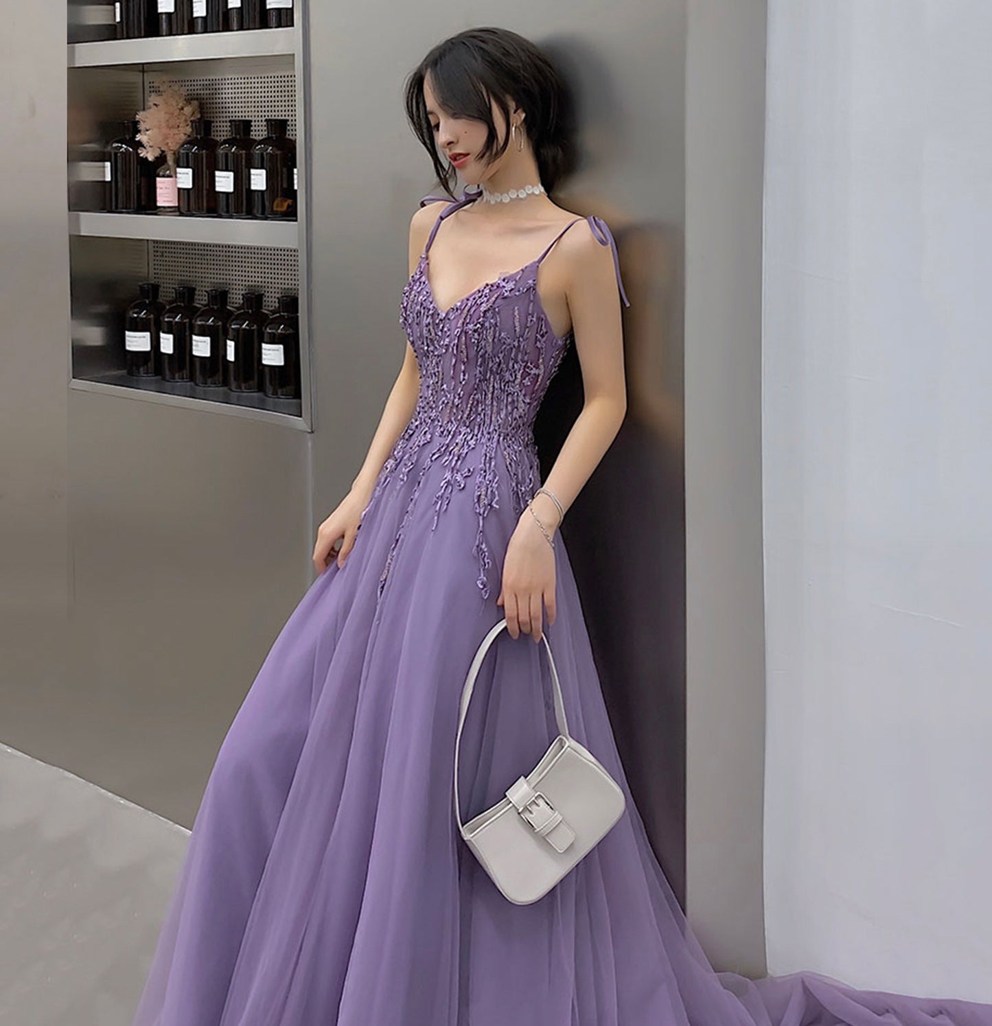 Lila Tüll Spitze langes Ballkleid A-Linie Abendkleid 10127