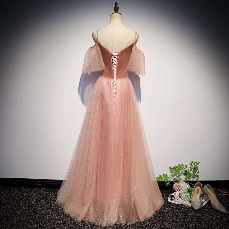 Robe de bal longue en tulle velours rose, robe de soirée rose 10079