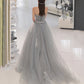 Gray tulle lace long prom dress A line evening gown  10131